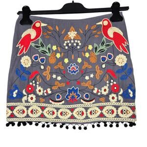 Umgee Skirt Small Gray Embroidered Bird Floral Mini Boho Tassel Pom Pom Short